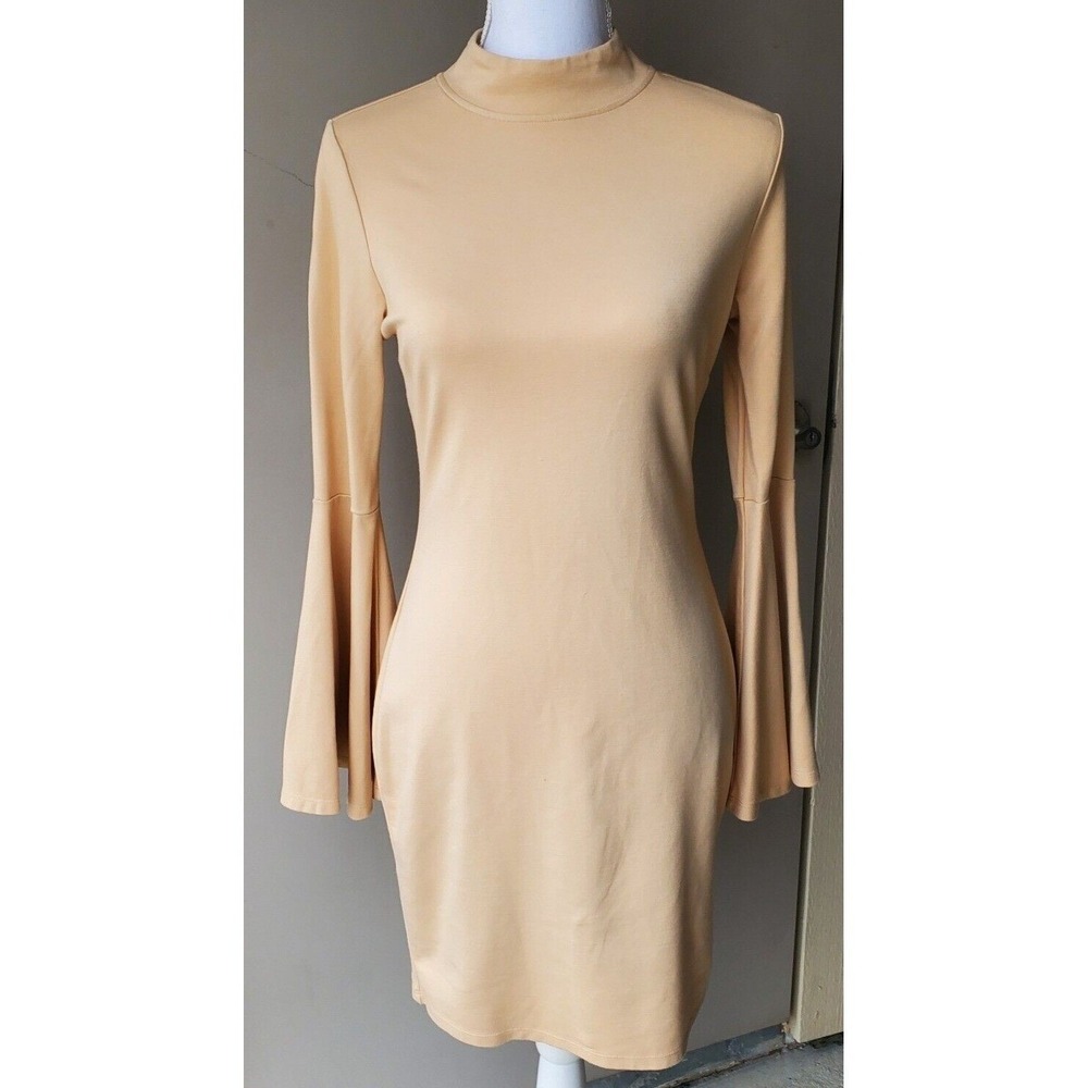 Venus Dress Womens Medium Beige Bell Sleeve Mock Neck‎ Bodycon Mini Party Club